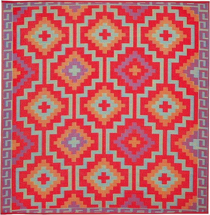 Fab Habitat Outdoor Rug - Waterproof, Fade Resistant, Crease-Free - Premium Recycled Plastic - Vintage Boho Kilim - Large Patio, Deck, Sunroom, Camping, RV - Lhasa - Orange & Violet - 8 x 8 ft