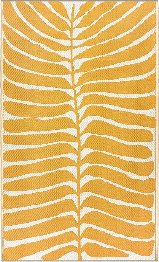 Fab Habitat Tropical Botanical Floral Outdoor Rug - Waterproof, Crease-Free Fade Resistant, Reversible - Recycled Plastic - Patio Porch Balcony Deck Yard Garden - Hilo Honey - 5x8 ft