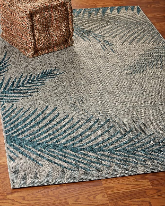 LR Home Captiva 5x7 Indoor/Outdoor Area Rug for Home Decor | Coastal Palm Leaf Carpet for Living Room, Bedroom, Playroom, Patio, Garden | Modern Farmhouse Rug | Blue/Beige