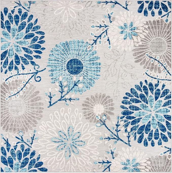 SAFAVIEH Washable Rug Outdoor Cabana Collection - 6'7" Square, Grey & Blue, Non-Shedding & Easy to Clean, Ideal for Patio, Backyard, Mudroom (CBN832F)
