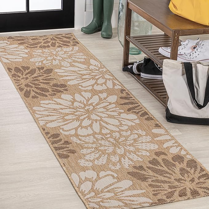 JONATHAN Y Floral Textured Weave Indoor Outdoor Runner Rug 2X8 Brown/Cream, Zinnia Modern for Backyard, Patio, Porch, Easy-Cleaning, High Traffic, Pet-Friendly, Non-Shedding (SMB110I-28)