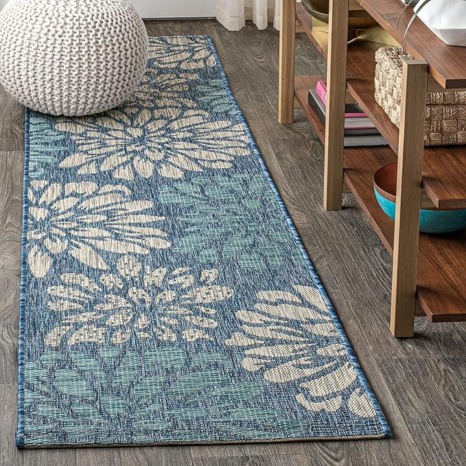 JONATHAN Y Floral Textured Weave Indoor Outdoor Runner Rug 2X20 Navy/Aqua, Zinnia Modern for Backyard, Patio, Porch, Easy-Cleaning, High Traffic, Pet-Friendly, Non-Shedding (SMB110C-220)