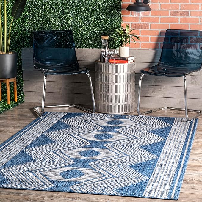 nuLOOM 4' x 6' Outdoor Tribal Geometric Area Rug, Stain Resistant, Weather Resistant, High Traffic, Patio, Balcony, Outside, Ranya Blue