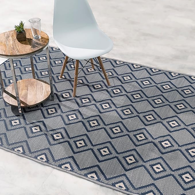 Fab Habitat Outdoor Rug - Waterproof, Fade Resistant, Crease-Free - Premium Recycled Plastic - Boho Geometric Diamond - Patio, Deck, Porch, Balcony, Laundry Room - Rabat - Blue & Cream - 4 x 6 ft