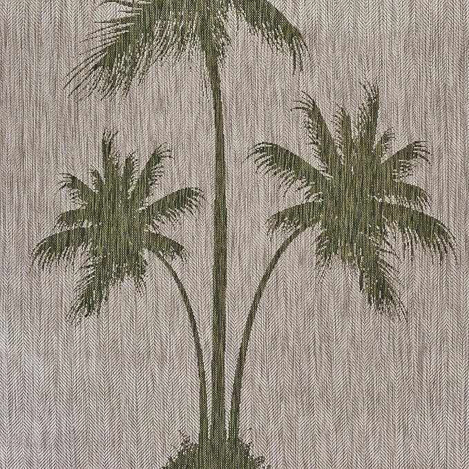LR Home 8x10 Indoor/Outdoor Area Rug for Home Decor | Coastal Palm Tree Large Size Carpet for Living Room, Bedroom, Playroom, Patio, Garden | Modern Farmhouse Rug | Beige/Dark Green