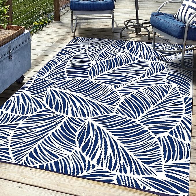 Utopia Home Waterproof Outdoor Rug for Patio 6 x 9 ft, Reversible Plastic Straw Mat for Camping, Picnics, Balcony, Patio, Leaves - Navy & White