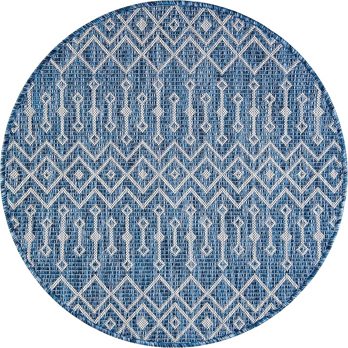 Unique Loom Outdoor Trellis Collection Area Rug - Tribal Trellis (3' 1" Round, Blue/ Ivory)