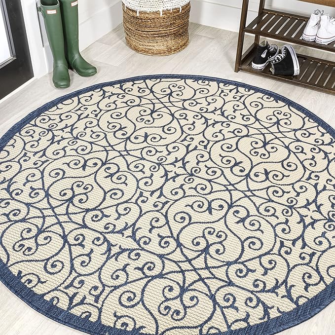 JONATHAN Y Vintage Filigree Indoor Outdoor Round Area Rug 5 Ft Navy/Beige, Madrid Textured Weave for Backyard, Patio, Porch, Easy-Cleaning, High Traffic, Pet-Friendly, Non-Shedding (SMB107G-5R)