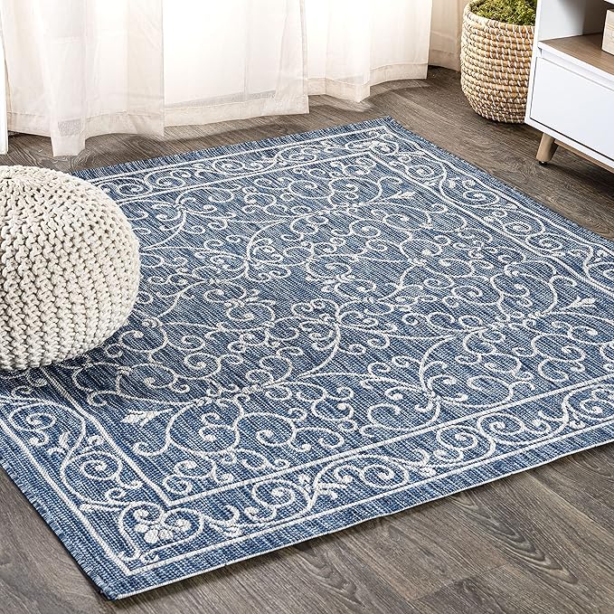 JONATHAN Y Vintage Filigree Indoor Outdoor Square Area Rug 4X4 Navy/Gray, Charleston Textured Weave for Backyard, Patio, Porch, Easy-Cleaning, High Traffic, Pet-Friendly, Non-Shedding (SMB106D-4SQ)