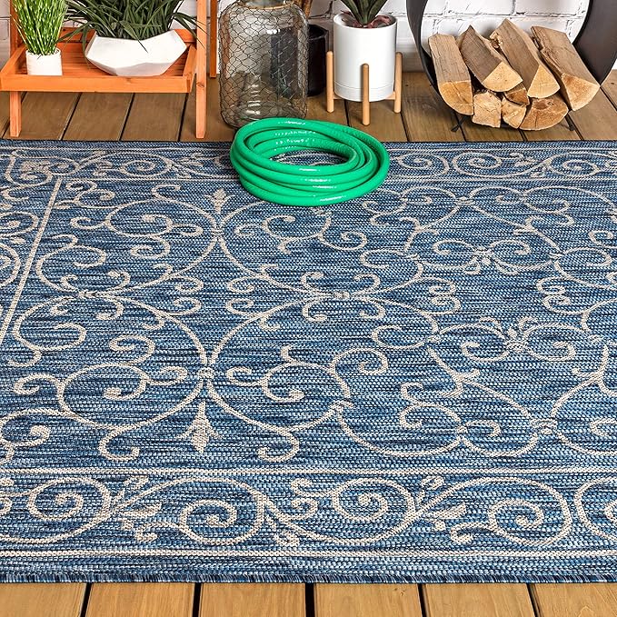 JONATHAN Y Vintage Filigree Indoor Outdoor Area Rug 8X10 Navy/Gray, Charleston Textured Weave for Backyard, Patio, Porch, Easy-Cleaning, High Traffic, Pet-Friendly, Non-Shedding (SMB106D-8)