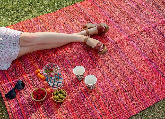 Talking Tables Red Boho Woven Waterproof Outdoor Rug - Plastic, Lightweight & Non Slip Mat - for Garden, Patio, Decking, Bathroom, Utility, Picnic