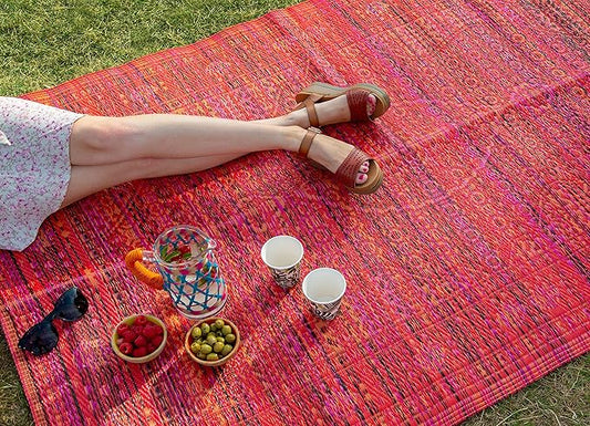 Talking Tables Red Boho Woven Waterproof Outdoor Rug - Plastic, Lightweight & Non Slip Mat - for Garden, Patio, Decking, Bathroom, Utility, Picnic