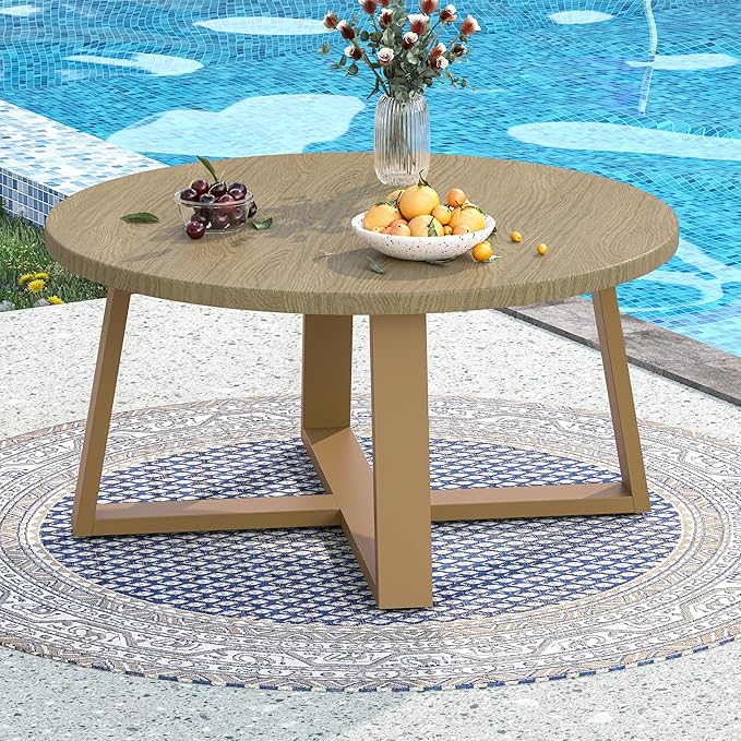 Indoor Round Coffee Table with 35.5” Woodgrain Finish Table Top, Outdoor Metal Modern Side Table 125lbs for Backyard Porch Balcony Living Room, Brown