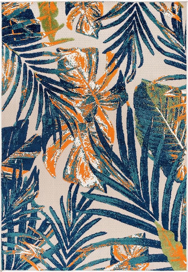 Rugshop Tropical Floral Leaves Indoor/Outdoor Area Rug Durable Polypropylene, Non-Shedding, Easy to Clean, Perfect for Patio, Backyard, Deck and Outdoor Lounge, High Traffic Areas, 6'6" x 9'
