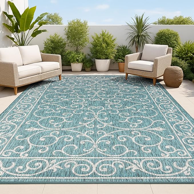 JONATHAN Y Vintage Filigree Indoor Outdoor Area Rug 10X14 Teal/Gray, Charleston Textured Weave for Backyard, Patio, Porch, Easy-Cleaning, High Traffic, Pet-Friendly, Non-Shedding (SMB106F-14)
