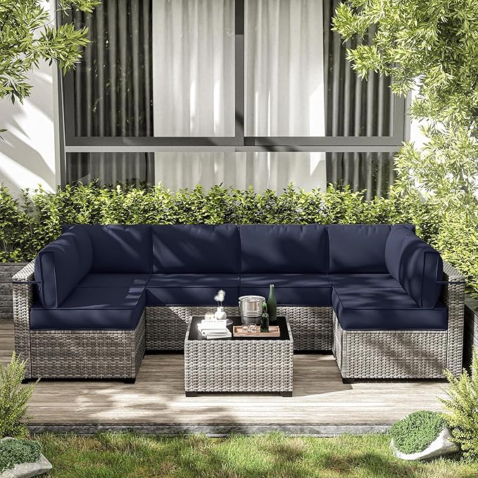 14-Piece Outdoor Cushions for Patio Furniture Thick Outdoor Chair Cushions 5" Foam High-Density Water-Resistant Deep Seat Cushion for 6-Seat Sectional Sets Liner&Cover Navy Blue
