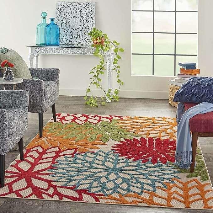 Nourison Home Aloha Indoor/Outdoor Green 5'3" x 7'5" Area Rug, Tropical, Botanical, Easy Clean, Non Shedding, Bed Room, Living Room, Dining Room, Deck, Backyard, Patio (5x7)