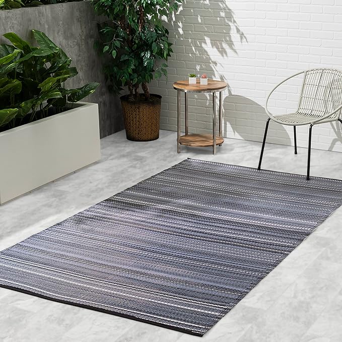 Fab Habitat Outdoor Rug - Waterproof, Fade Resistant, Crease-Free - Premium Recycled Plastic - Striped - Porch, Deck, Balcony, Mudroom, Laundry Room, Patio - Cancun - Midnight - 3 x 5 ft