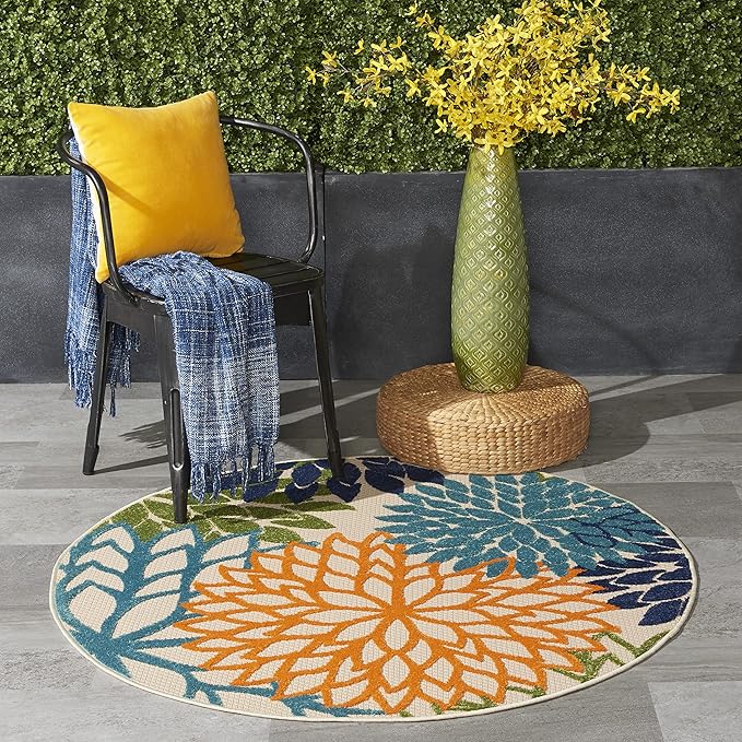 Nourison Home Aloha Indoor/Outdoor Multicolor 5'3'' x Round Area--Rug, Tropical, Botanical, Easy--Cleaning, Non Shedding, Bed Room, Living Room, Dining Room, Deck, Backyard, Patio (5 Round)