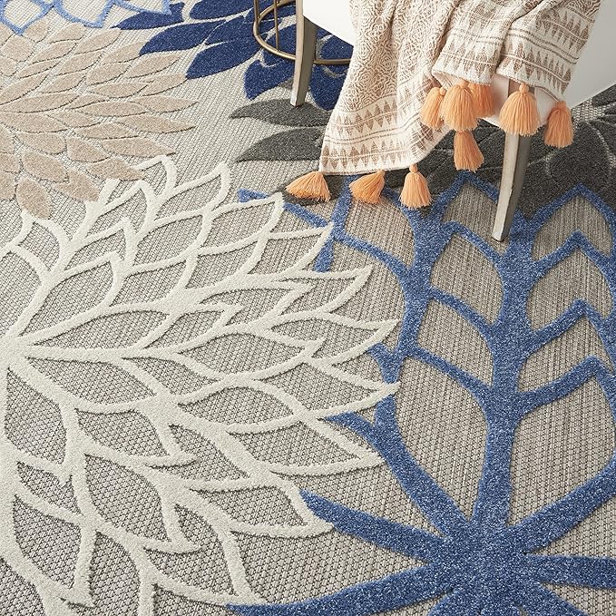 Nourison Home Aloha Indoor/Outdoor Blue/Multicolor 7'10" x Round Area Rug, Tropical, Botanical, Easy Cleaning, Non Shedding, Bed Room, Living Room, Dining Room, Deck, Backyard, Patio (8 Round)