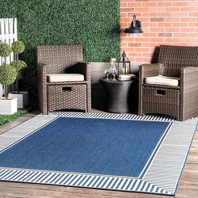 Nuloom Asha Navy/Ivory, 10' x 13', Casual, Striped Border, Soft and Cozy, High Traffic, Stain Resistant, Easy Clean, Durable Area Rug for Indoor/Outdoor Patio, Deck, Porch, Garden, Courtyard