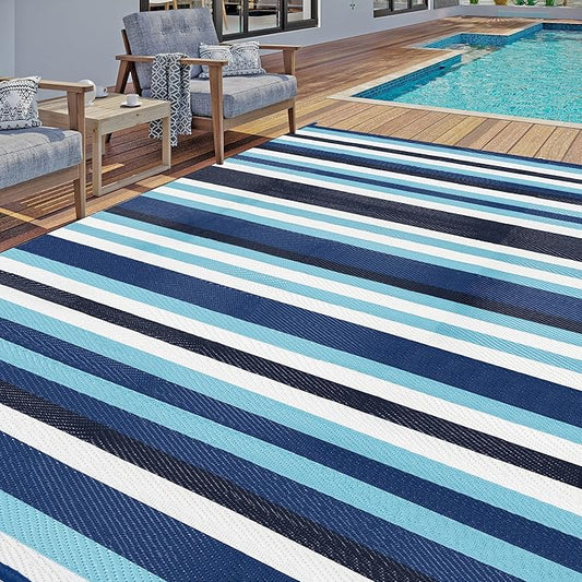 HUGEAR Outdoor Waterproof Rug 8'x10' Plastic Straw Rugs Washable Reversible Floor Mat Blue Stripe Carpet for Camping RV Deck Entryance Porch Picnic Balcony Beach Backyard