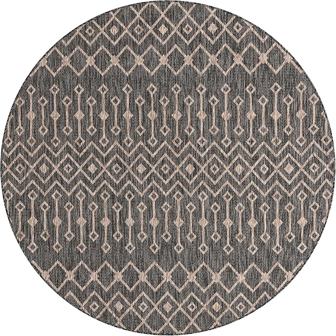 Unique Loom Outdoor Trellis Collection Area Rug - Tribal Trellis (7' 10" Round, Charcoal Gray/ Natural)