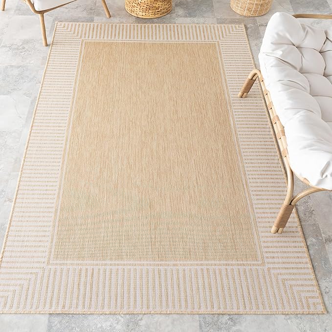 Nuloom Asha Tan/Ivory, 5' x 8', Casual, Striped Border, Soft and Cozy, High Traffic, Stain Resistant, Easy Clean, Durable Area Rug for Indoor/Outdoor Patio, Deck, Porch, Garden, Courtyard