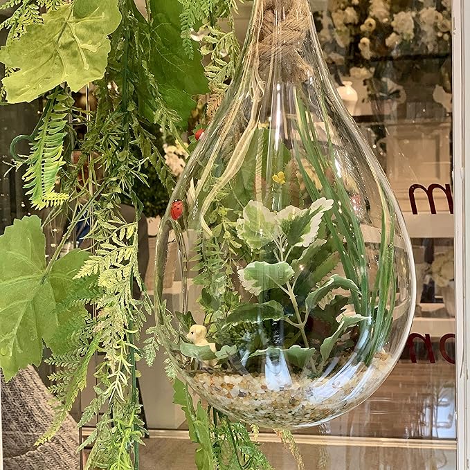 WGV Hanging Planter Terrarium, Width 7.5", Height 15", DIY Clear Glass Succulents Air Teardrop Floral Container (Including Rope), Candle Holder Vase for Outdoor Indoor Decor, 1 Piece