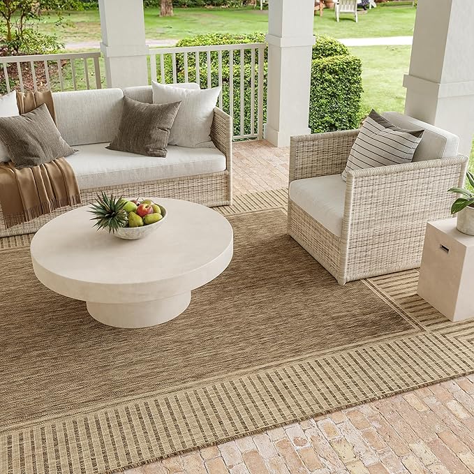 Nuloom Asha Light Brown/Ivory, 2' x 6', Casual, Striped Border, Soft and Cozy, High Traffic, Stain Resistant, Easy Clean, Durable Runner for Indoor/Outdoor Patio, Deck, Porch, Garden, Courtyard
