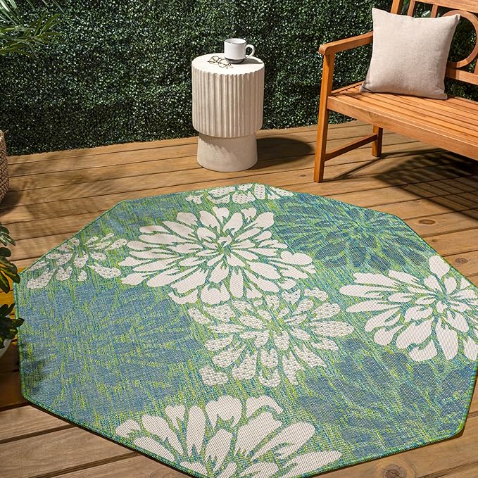 JONATHAN Y Floral Textured Weave Indoor Outdoor Octagon Area Rug 8 Ft Cream/Green, Zinnia Modern for Backyard, Patio, Porch, Easy-Cleaning, High Traffic, Pet-Friendly, Non-Shedding (SMB110D-8TGN)