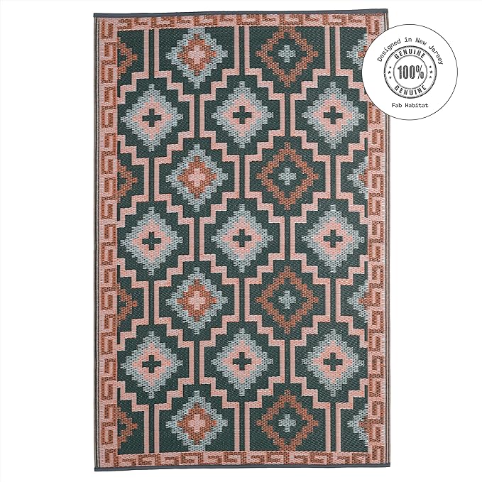 Fab Habitat Outdoor Rug - Waterproof, Fade Resistant, Crease-Free, Reversible - Premium Recycled Plastic - Vintage Boho Kilim - Large Patio, Deck, Sunroom, Camping, RV - Lhasa - Green - 8 x10 ft