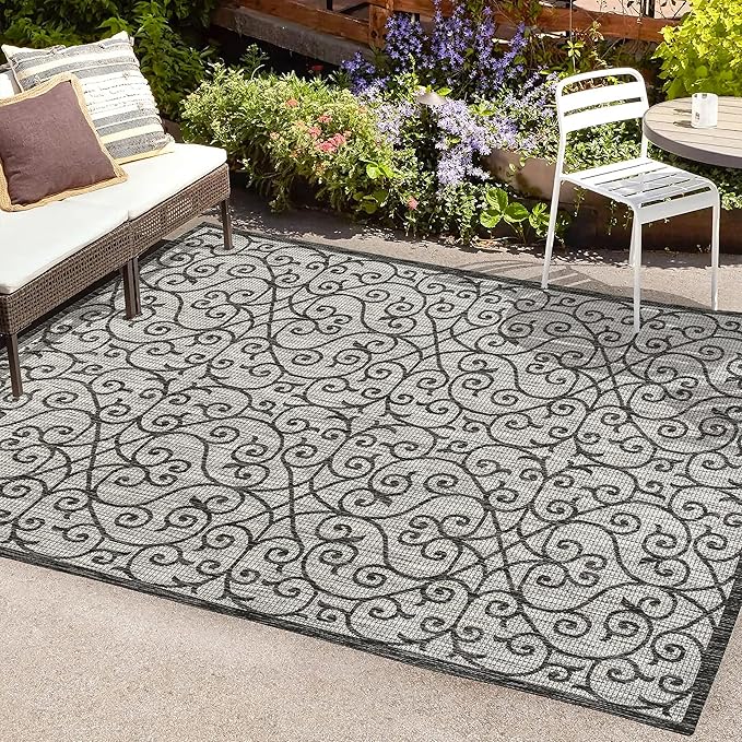 JONATHAN Y Vintage Filigree Indoor Outdoor Area Rug 9X12 Light Gray/Black, Madrid Textured Weave for Backyard, Patio, Porch, Easy-Cleaning, High Traffic, Pet-Friendly, Non-Shedding (SMB107E-9)
