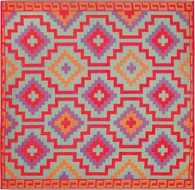 Fab Habitat Outdoor Rug - Waterproof, Fade Resistant, Crease-Free - Premium Recycled Plastic - Vintage Boho Kilim - Large Patio, Deck, Sunroom, Camping, RV - Lhasa - Orange & Violet - 8 x 8 ft