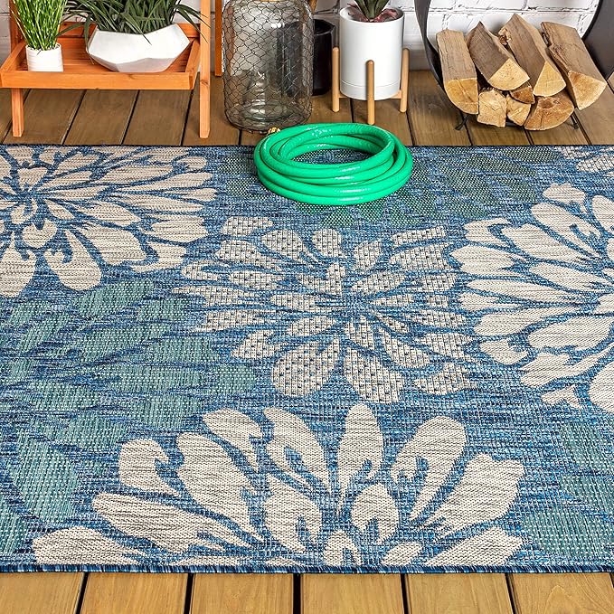 JONATHAN Y Floral Textured Weave Indoor Outdoor Area Rug 3X5 Navy/Aqua, Zinnia Modern for Backyard, Patio, Porch, Easy-Cleaning, High Traffic, Pet-Friendly, Non-Shedding (SMB110C-3)
