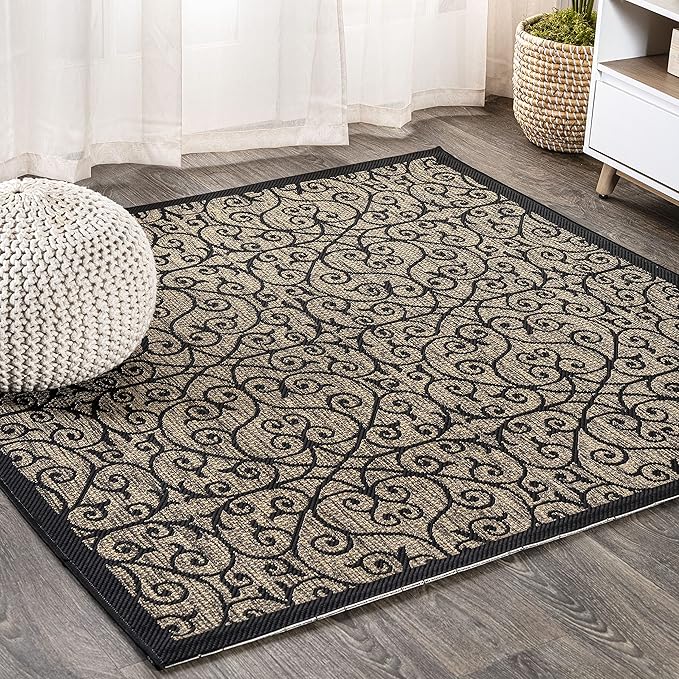 JONATHAN Y Vintage Filigree Indoor Outdoor Square Area Rug 9X9 Black/Khaki, Madrid Textured Weave for Backyard, Patio, Porch, Easy-Cleaning, High Traffic, Pet-Friendly, Non-Shedding (SMB107A-9SQ)