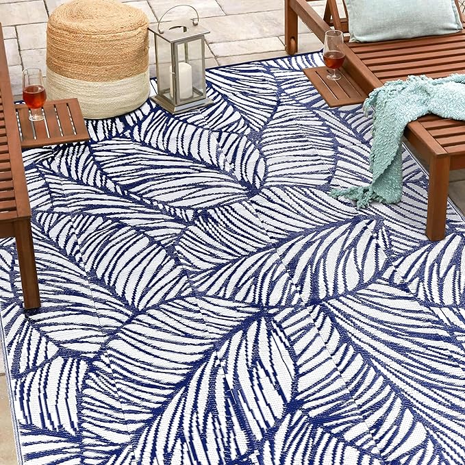 Utopia Home Waterproof Outdoor Rug for Patio 6 x 9 ft, Reversible Plastic Straw Mat for Camping, Picnics, Balcony, Patio, Leaves - Navy & White