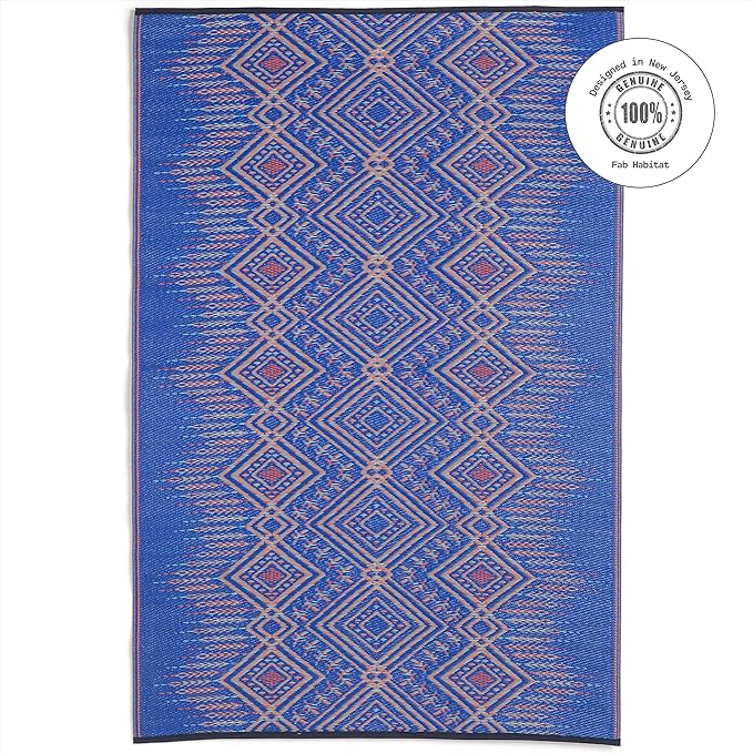Fab Habitat Boho Southwestern Tribal Outdoor Rug - Waterproof, Crease-Free Fade Resistant, Reversible - Recycled Plastic - Patio Porch Balcony Deck Yard Garden - Jodhpur Multi Blue - 8x10 ft