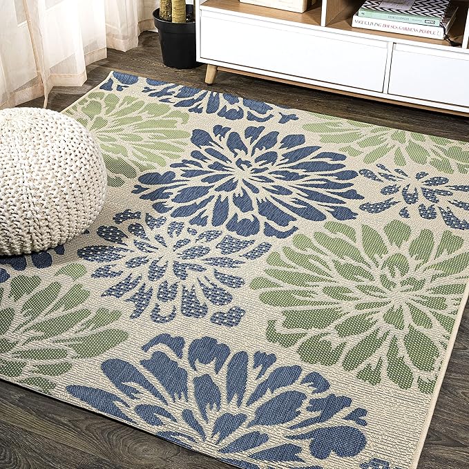 JONATHAN Y Floral Textured Weave Indoor Outdoor Square Area Rug 9X9 Navy/Green, Zinnia Modern for Backyard, Patio, Porch, Easy-Cleaning, High Traffic, Pet-Friendly, Non-Shedding (SMB110B-9SQ)