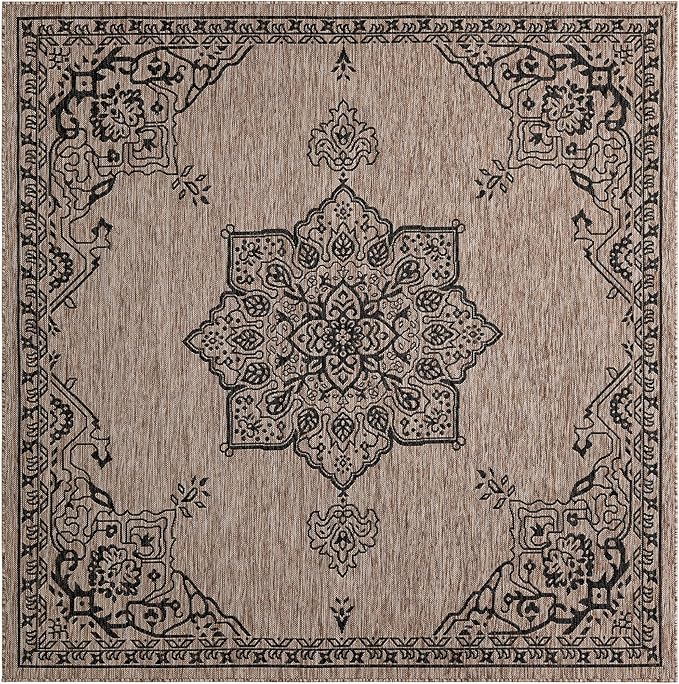 Unique Loom Outdoor Traditional Collection Area Rug - Antique (7' 10" Square Beige/Black)