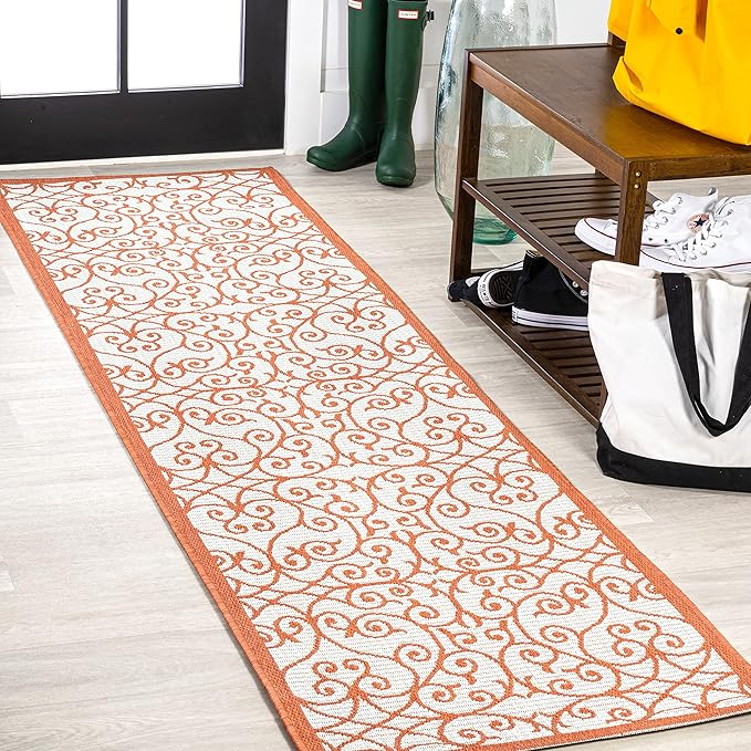 JONATHAN Y Vintage Filigree Indoor Outdoor Runner Rug 2X10 Cream/Orange, Madrid Textured Weave for Backyard, Patio, Porch, Easy-Cleaning, High Traffic, Pet-Friendly, Non-Shedding (SMB107L-210)