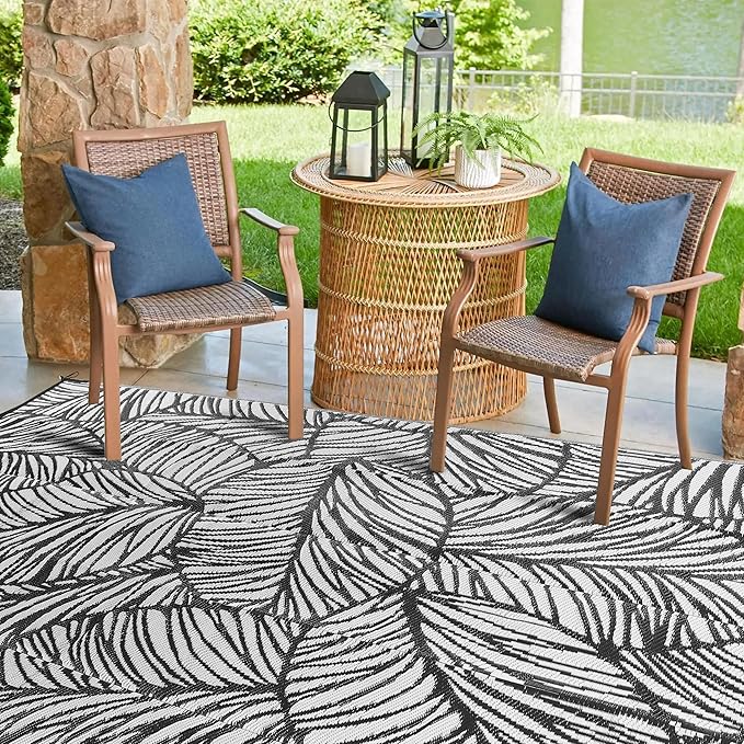 Utopia Home Waterproof Outdoor Rug for Patio 6 x 9 ft, Reversible Plastic Straw Mat for Camping, Picnics, Balcony, Patio, Leaves - GRET & White