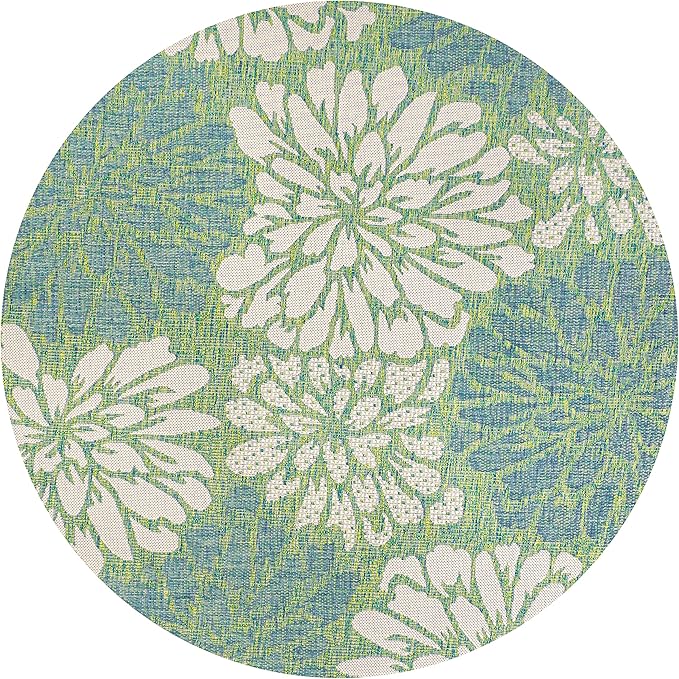 JONATHAN Y Floral Textured Weave Indoor Outdoor Round Area Rug 4 Ft Cream/Green, Zinnia Modern for Backyard, Patio, Porch, Easy-Cleaning, High Traffic, Pet-Friendly, Non-Shedding (SMB110D-4R)