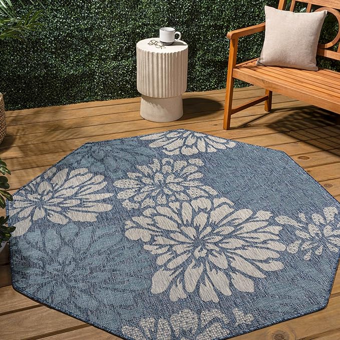 JONATHAN Y Floral Textured Weave Indoor Outdoor Octagon Area Rug 5 Ft Navy/Aqua, Zinnia Modern for Backyard, Patio, Porch, Easy-Cleaning, High Traffic, Pet-Friendly, Non-Shedding (SMB110C-5TGN)