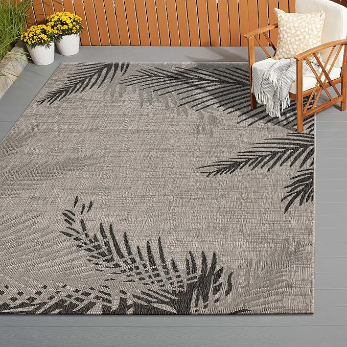 LR Home 8x10 Indoor/Outdoor Area Rug for Home Decor Coastal Palm Leaf Large Size Carpet for Living Room, Bedroom, Playroom, Patio, Garden Modern Farmhouse Rug Black/Gray