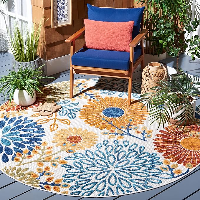 SAFAVIEH Washable Rug Outdoor Cabana Collection - 6'7" Round, Cream & Red, Non-Shedding & Easy to Clean, Ideal for Patio, Backyard, Mudroom (CBN832A)
