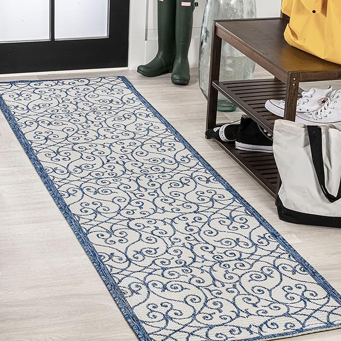 JONATHAN Y Vintage Filigree Indoor Outdoor Runner Rug 2X8 Blue/Cream, Madrid Textured Weave for Backyard, Patio, Porch, Easy-Cleaning, High Traffic, Pet-Friendly, Non-Shedding (SMB107F-28)