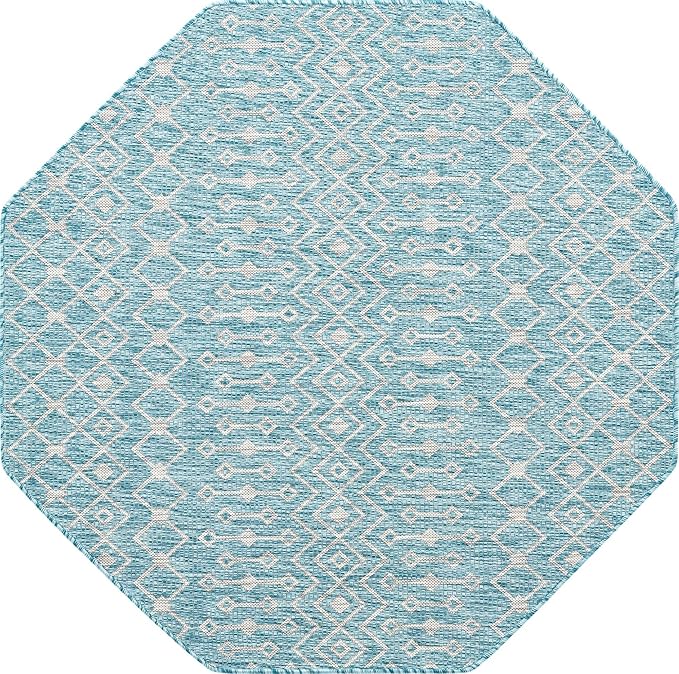 Unique Loom Outdoor Trellis Collection Area Rug - Tribal Trellis (5' 3" Octagon, Aqua/ Ivory)