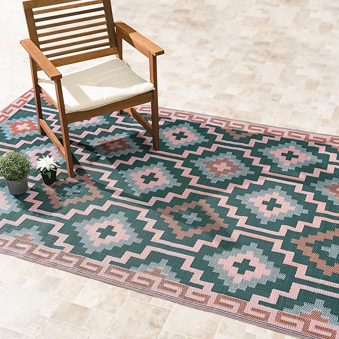 Fab Habitat Outdoor Rug - Waterproof, Fade Resistant, Crease-Free, Reversible - Premium Recycled Plastic - Vintage Boho Kilim - Large Patio, Deck, Sunroom, Camping, RV - Lhasa - Green - 8 x10 ft