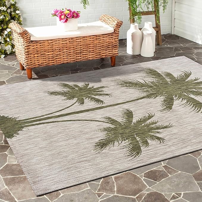 LR Home 8x10 Indoor/Outdoor Area Rug for Home Decor | Coastal Palm Tree Large Size Carpet for Living Room, Bedroom, Playroom, Patio, Garden | Modern Farmhouse Rug | Beige/Dark Green